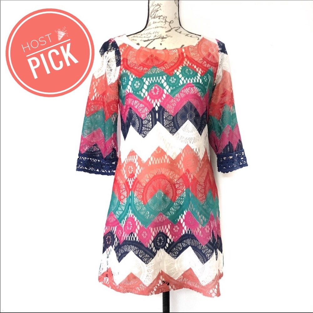 Boat neck chevron lace tunic crochet boho dress - Picture 1 of 11